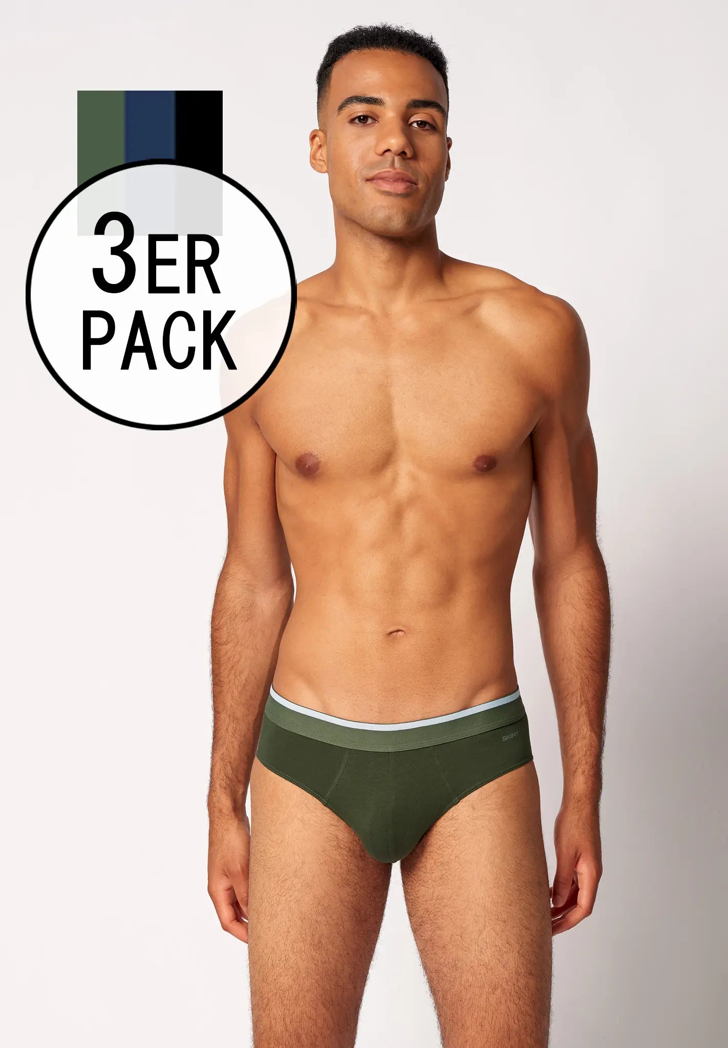 Brasil Slip im 3er Pack aus der Männerunterwäsche-Serie COTTON MULTIPACK von der Marke Skiny men, Farbe: oliveblueblack selection, Vorderansicht