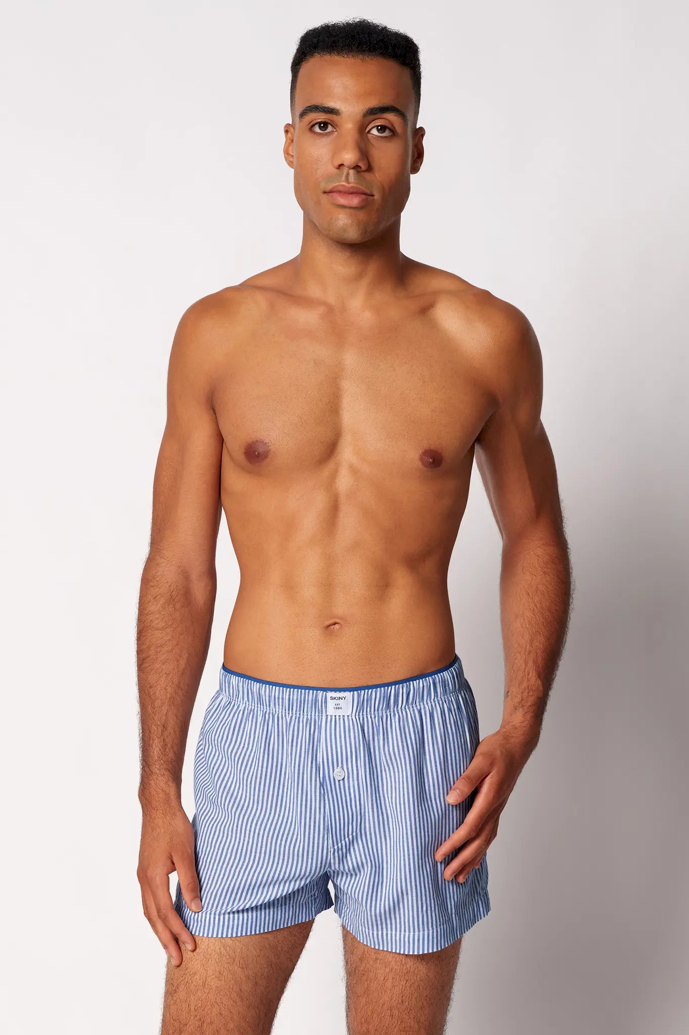 Unisex Boxershorts aus der Unterwäsche-Serie BOXERSENSATION von der Marke Skiny, Farbe: blue microstripes, Vorderansicht